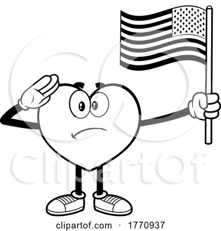 Cartoon Black and White Heart Mascot Character Holding an American Flag and Saluting by Hit Toon
