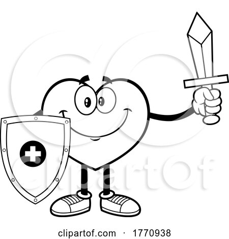Cartoon Black and White Heart Mascot Character Holding a Sword and Shield by Hit Toon