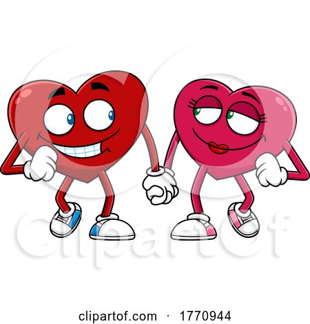 Cartoon Heart Mascot Character Couple Holding Hands and Walking by Hit Toon