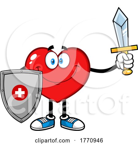 Cartoon Heart Mascot Character Holding a Sword and Shield by Hit Toon