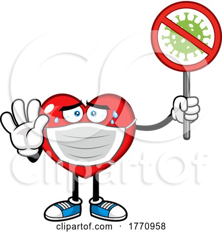 Cartoon Heart Mascot Character Wearing a Covid Mask and Holding a Sign by Hit Toon