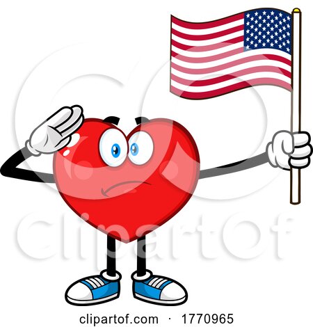 Cartoon Heart Mascot Character Holding an American Flag and Saluting by Hit Toon