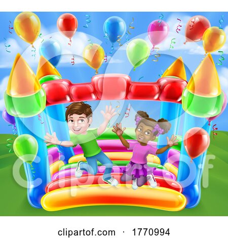 Bouncy House Castle Jumping Girl Boy Kids Cartoon by AtStockIllustration
