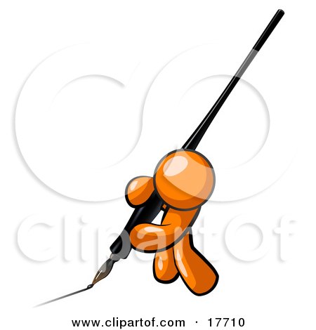 Clipart Illustration of an Orange Man Drawing A Line With A Large Black Calligraphy Ink Pen by Leo Blanchette