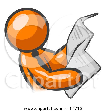 Clipart Illustration of an Orange Man Wearing A Tie, Leaning Back And Reading The Daily News In A Newspaper by Leo Blanchette