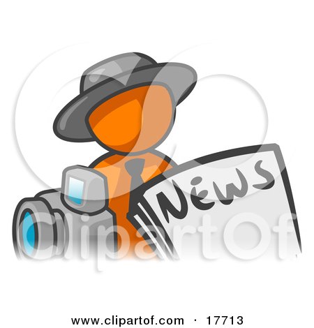 Clipart Illustration of an Orange Man Wearing A Hat, Posed In Front Of The News And A Camera by Leo Blanchette