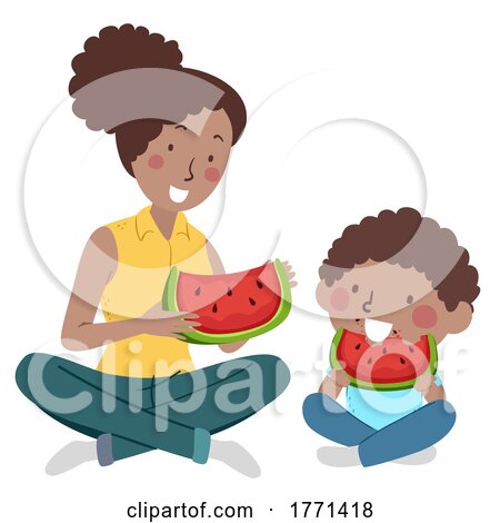 Kid Boy Mom Eat Watermelon Black Illustration by BNP Design Studio