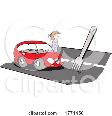 Cartoon Woman Standing Outside Her Car at a Fork in the Road by Johnny Sajem