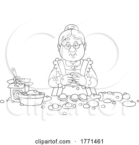 Cartoon Black and White Woman Making Dumplings by Alex Bannykh