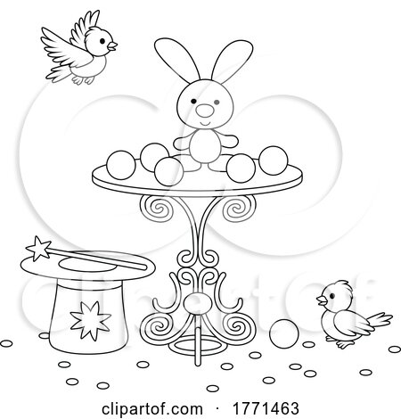 Cartoon Black and White Easter Bunny Eggs Birds and Top Hat with Magic Wand by Alex Bannykh