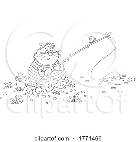 Cartoon Black and White Fat Cat Fishing by Alex Bannykh