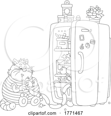 Cartoon Black and White Fat Cat Eating Sausage at an Open Refrigerator by Alex Bannykh