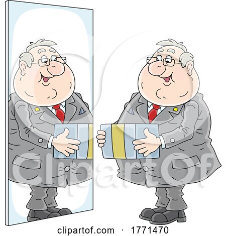Cartoon Fat Man Holding a Gift in Front of a Mirror by Alex Bannykh