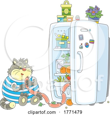 Cartoon Fat Cat Eating Sausage at an Open Refrigerator by Alex Bannykh