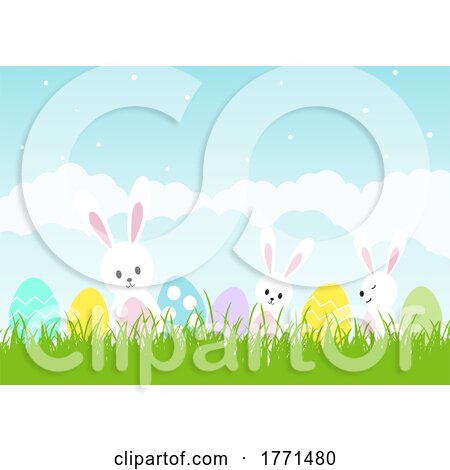 Cute Easter Background with Bunnies and Eggs by KJ Pargeter