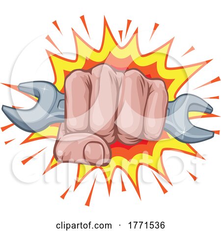 Spanner Wrench Fist Hand Explosion Pop Art Cartoon by AtStockIllustration