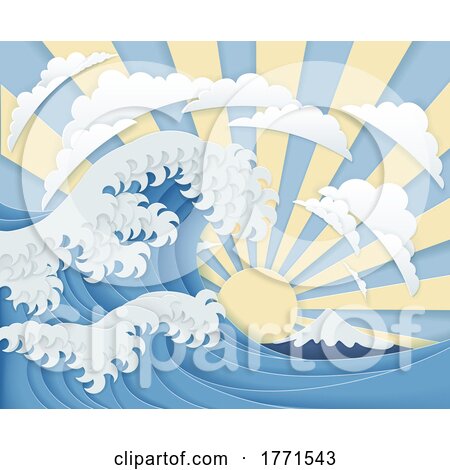 Japanese Great Wave Sunrise Layered Paper Craft by AtStockIllustration