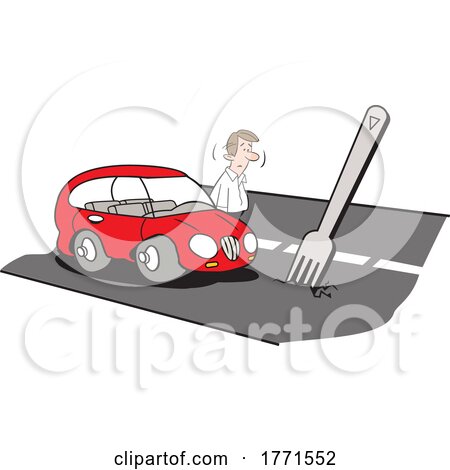 Cartoon Man Standing Outside His Car at a Fork in the Road by Johnny Sajem