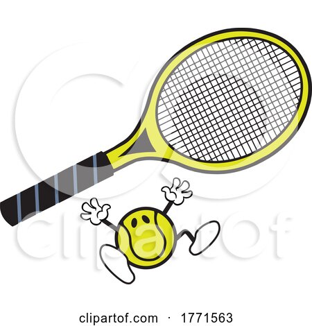 Cartoon Tennis Ball Mascot Jumping Under a Racket by Johnny Sajem