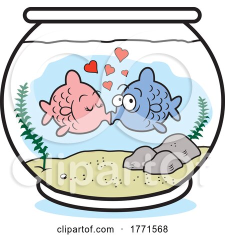 Cartoon Kissing Fish in a Bowl with Hearts by Johnny Sajem