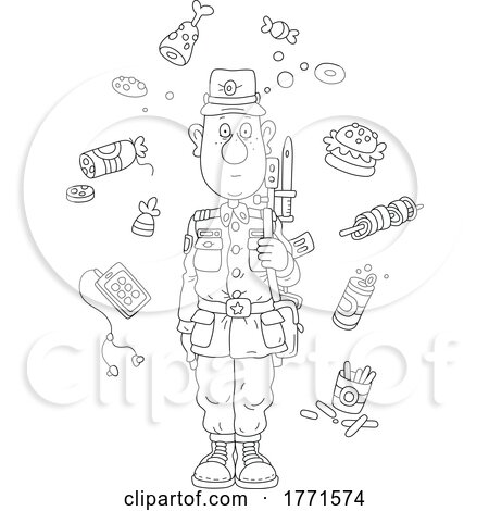 Cartoon Black and White Soldier Thinking of Junk Foods by Alex Bannykh