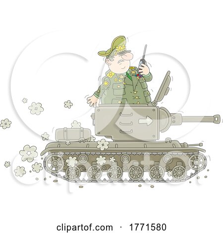 Cartoon Angry Army General Using a Walkie Talkie on a Tank by Alex Bannykh