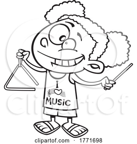 Cartoon Black and White Girl Wearing an I Love Music Shirt and Playing a Triangle by toonaday