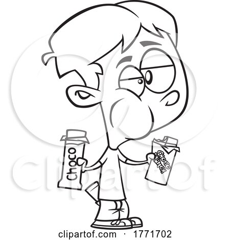 Cartoon Black and White Boy Eating Two Chocolate Bars at Once by toonaday
