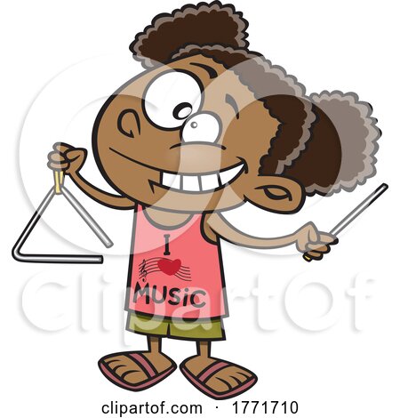 Cartoon Girl Wearing an I Love Music Shirt and Playing a Triangle by toonaday