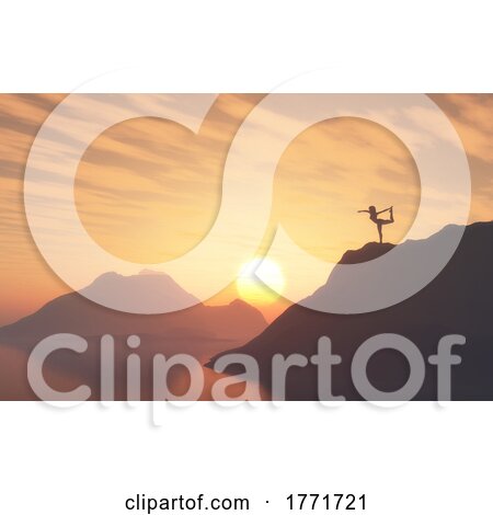 3D Silhouette of a Female in Yoga Positon on a Mountain Top Against Sunset Sky by KJ Pargeter