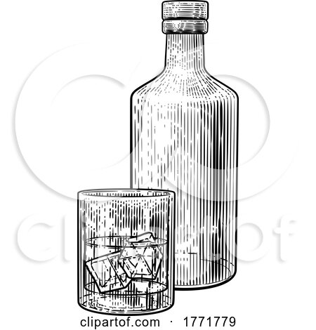 Bottle and Glass with Ice Drink Vintage Drawing by AtStockIllustration