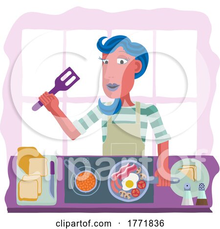 Woman Cooking Food Fried English Breakfast Kitchen by AtStockIllustration