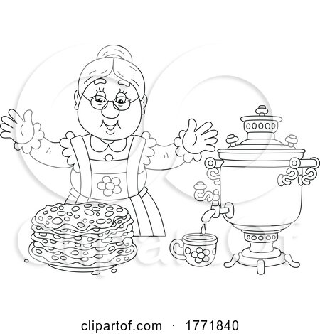 Cartoon Black and White Lady with Samovar and Pancakes by Alex Bannykh