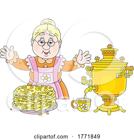 Cartoon Lady with Samovar and Pancakes by Alex Bannykh