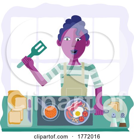 Woman Cooking Food Fried English Breakfast Kitchen by AtStockIllustration