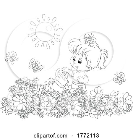 Cartoon Happy Girl Watering Flowers in a Garden by Alex Bannykh