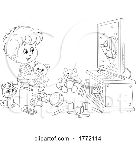 Cartoon Boy and Cat Watching a Fish on TV in a Play Room by Alex Bannykh