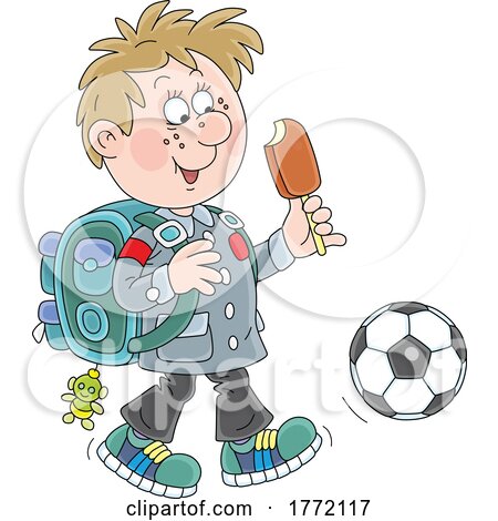 Cartoon School Boy Walking and Eatingf a Popsicle by Alex Bannykh