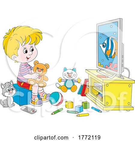 Cartoon Boy and Cat Watching a Fish on TV in a Play Room by Alex Bannykh