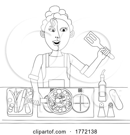 Woman Cooking Vegetable Curry Chinese Food Kitchen by AtStockIllustration