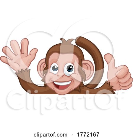 Monkey Cartoon Animal Behind Sign Thumbs up Waving by AtStockIllustration