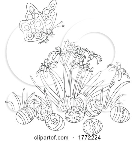 Cartoon Black and White Butterfly over Iris Flowers and Easter Eggs by Alex Bannykh