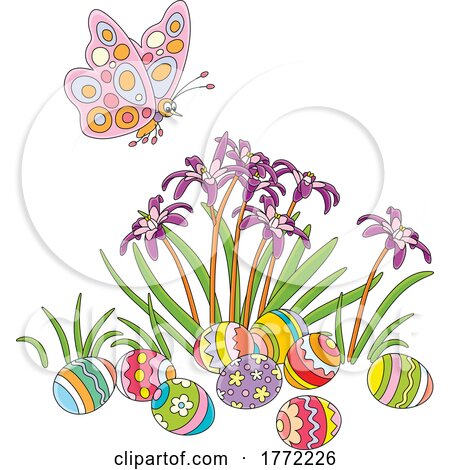 Cartoon Butterfly over Iris Flowers and Easter Eggs by Alex Bannykh