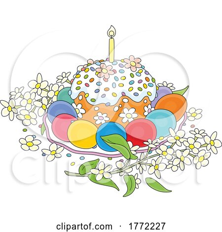 Cartoon Easter Cake with Eggs and Flowers by Alex Bannykh