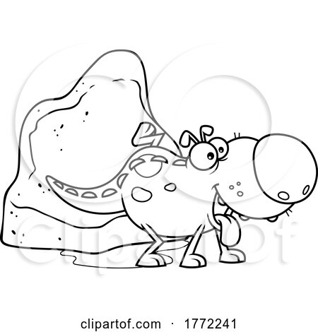 Cartoon Black and White Dino Caveman Pet Peeing on a Rock by Hit Toon