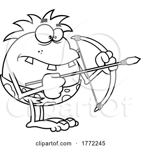 Cartoon Black and White Caveman Holding a Bow and Arrow by Hit Toon