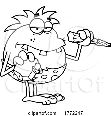 Cartoon Black and White Caveman Chiseling by Hit Toon
