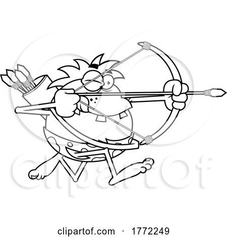 Cartoon Black and White Caveman Aiming an Arrow by Hit Toon