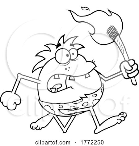 Cartoon Black and White Caveman Running with a Torch by Hit Toon
