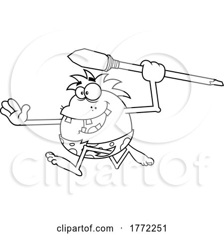 Cartoon Black and White Caveman Throwing a Spear by Hit Toon